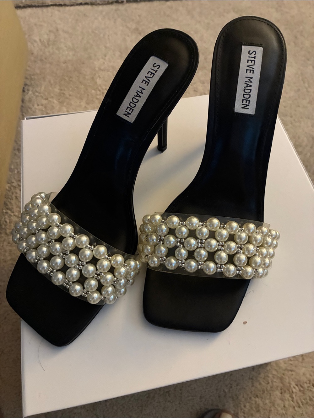 Steve Madden Black Pearl-Embellished Heel Slides